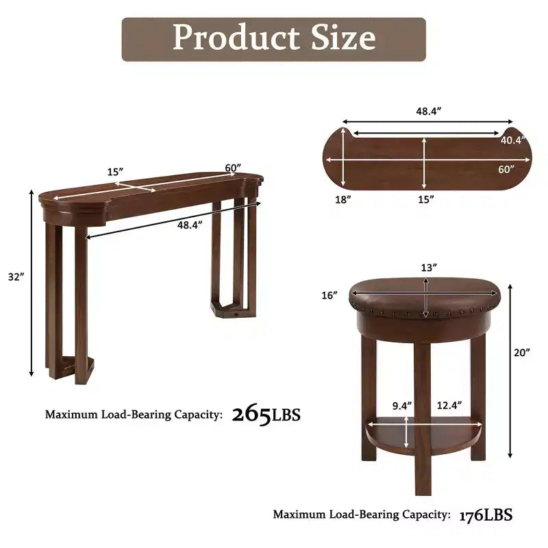 Ensemble de table de salle à manger et tabourets de bar hauteur comptoir style vintage Okak, 4 pièces, pour cuisine et salle à manger, ensemble table de bar antique avec cadre en bois massif