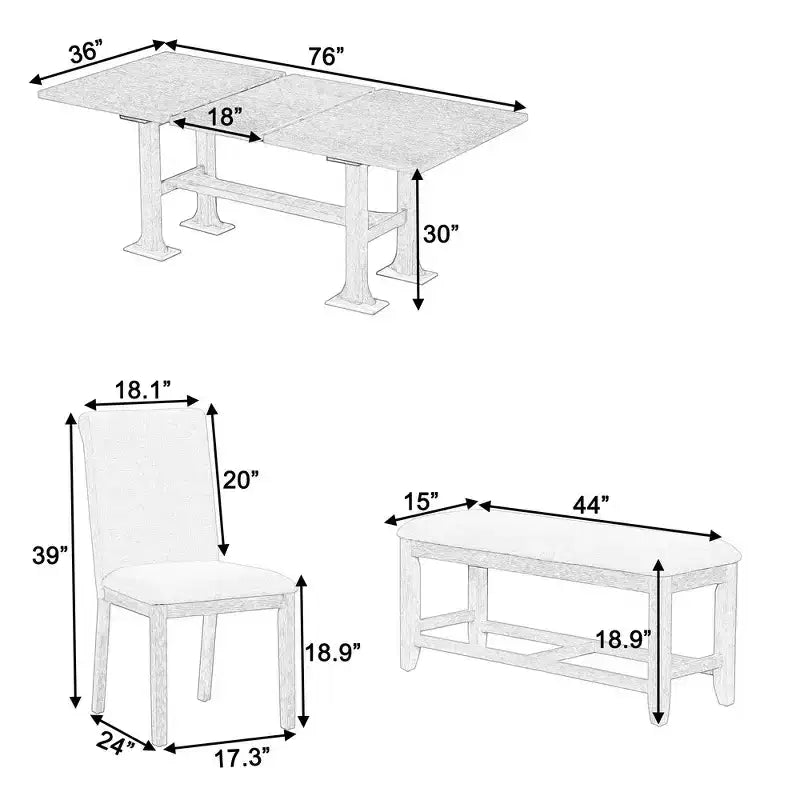 Ensemble de 6 pièces de salle à manger extensible de style campagnard Whisen avec rallonge amovible, chaises de salle à manger rembourrées et banc