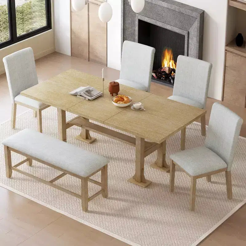 Ensemble de 6 pièces de salle à manger extensible de style campagnard Whisen avec rallonge amovible, chaises de salle à manger rembourrées et banc