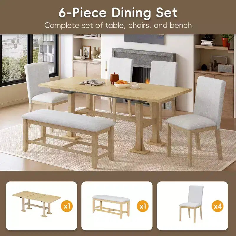 Ensemble de 6 pièces de salle à manger extensible de style campagnard Whisen avec rallonge amovible, chaises de salle à manger rembourrées et banc