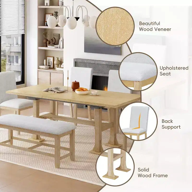 Ensemble de 6 pièces de salle à manger extensible de style campagnard Whisen avec rallonge amovible, chaises de salle à manger rembourrées et banc