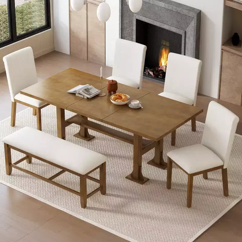 Ensemble de 6 pièces de salle à manger extensible de style campagnard Whisen avec rallonge amovible, chaises de salle à manger rembourrées et banc