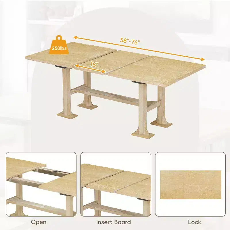 Ensemble de 6 pièces de salle à manger extensible de style campagnard Whisen avec rallonge amovible, chaises de salle à manger rembourrées et banc