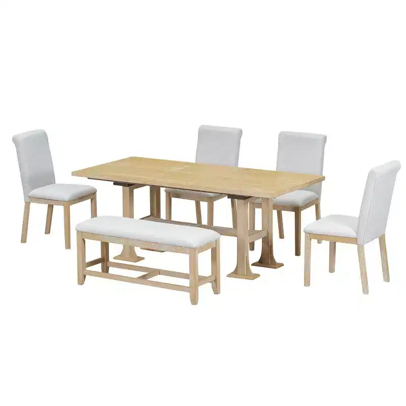 Ensemble de 6 pièces de salle à manger extensible de style campagnard Whisen avec rallonge amovible, chaises de salle à manger rembourrées et banc