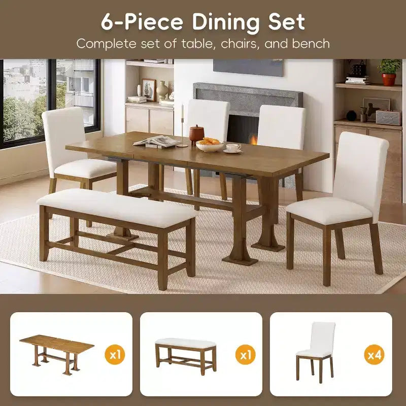Ensemble de 6 pièces de salle à manger extensible de style campagnard Whisen avec rallonge amovible, chaises de salle à manger rembourrées et banc