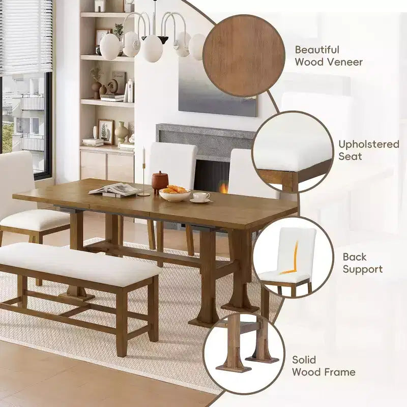 Ensemble de 6 pièces de salle à manger extensible de style campagnard Whisen avec rallonge amovible, chaises de salle à manger rembourrées et banc