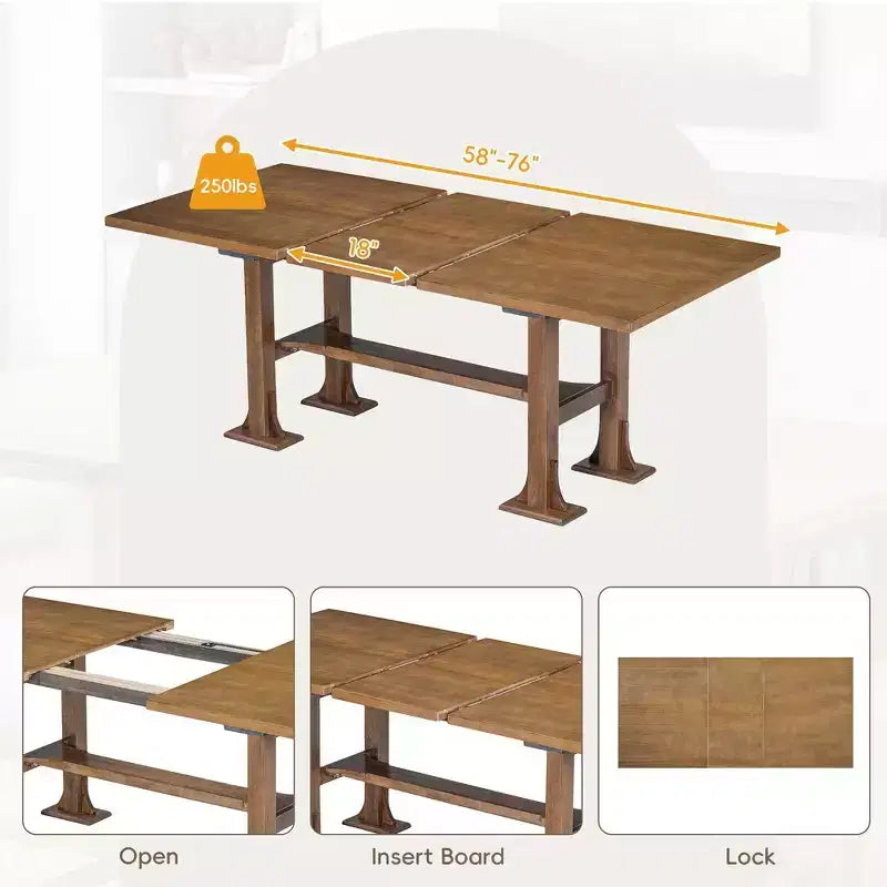 Ensemble de 6 pièces de salle à manger extensible de style campagnard Whisen avec rallonge amovible, chaises de salle à manger rembourrées et banc