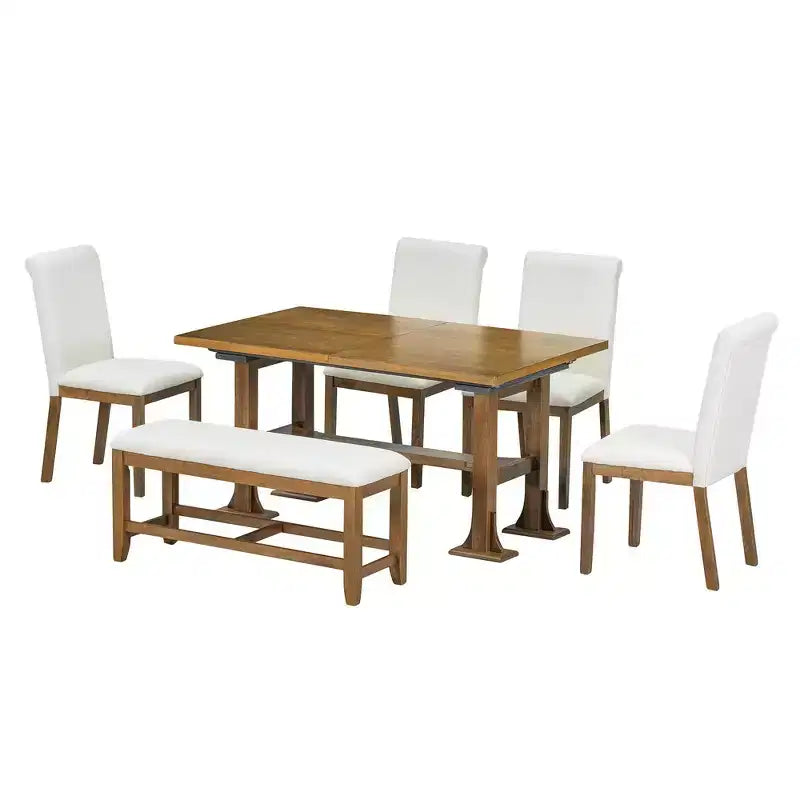 Ensemble de 6 pièces de salle à manger extensible de style campagnard Whisen avec rallonge amovible, chaises de salle à manger rembourrées et banc