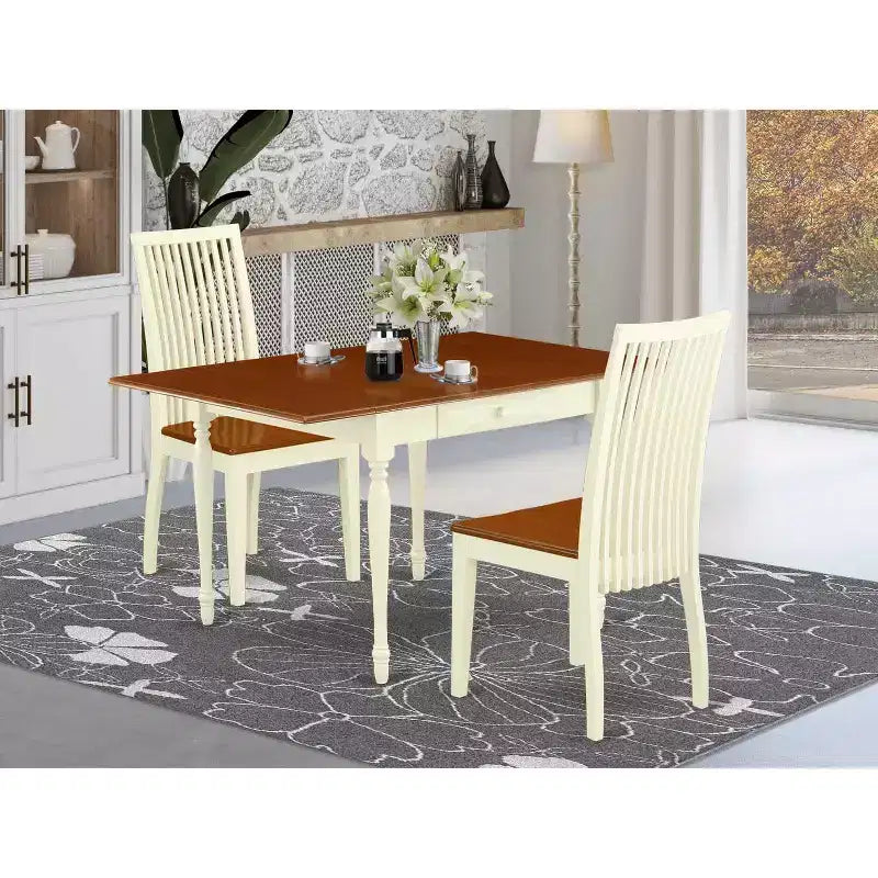 Ensemble de table à manger HomeStock 3 pièces en bois massif finition cerisier et crème avec plateau à rallonges