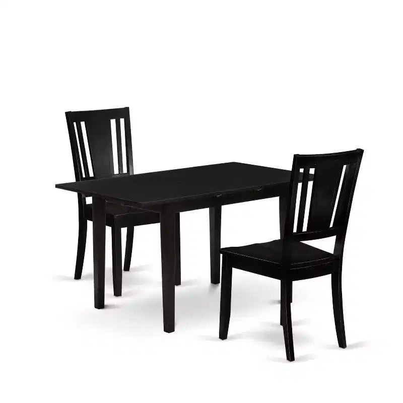 HomeStock 3-Piece Black Finish Rectangular Solid Wood Top With Butterfly Leaf Dining Table Set