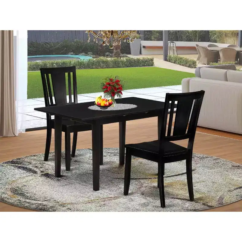 Ensemble de table à manger HomeStock 3 pièces, finition noire, plateau rectangulaire en bois massif avec rallonge papillon