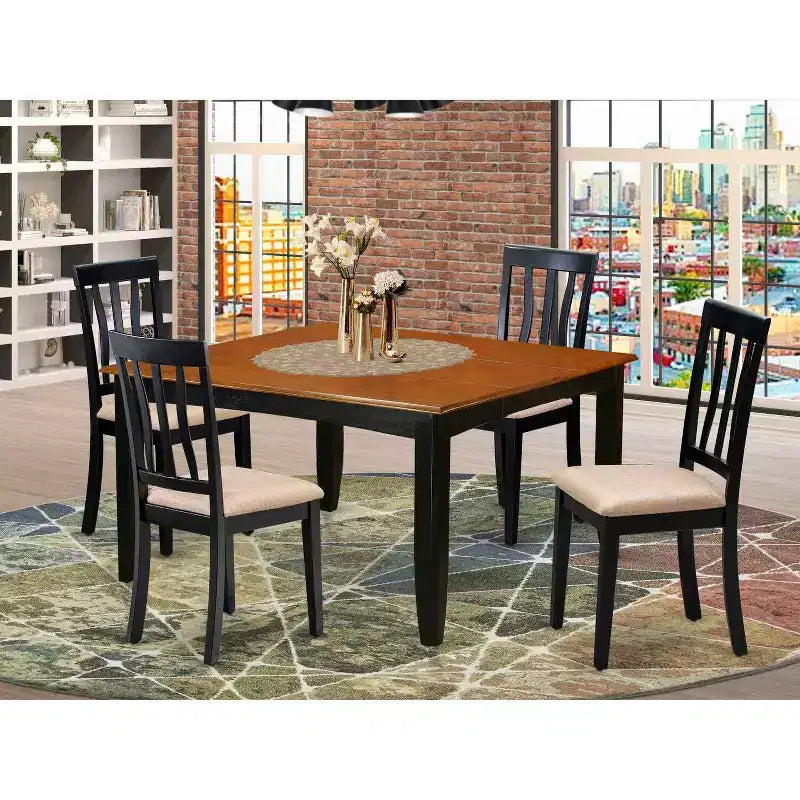 Table de salle à manger HomeStock 5 pièces à plateau carré en bois massif avec finition noire et cerisier, et 4 chaises