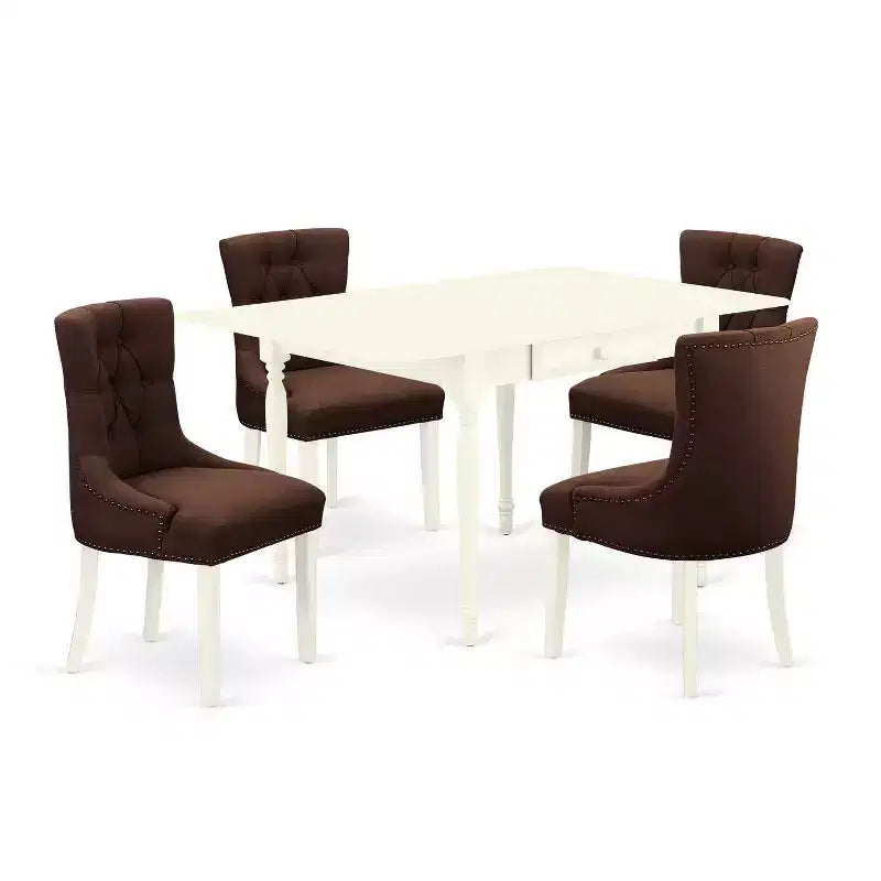 HomeStock 5-Pc Linen White Finish Solid Wood Top - Dining Room Set with Dropleaf - Seats 4