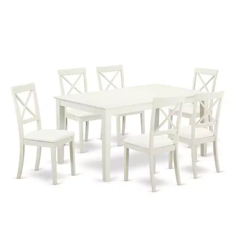 HomeStock 7-Piece Linen White Finish Solid Wood Top Dining Table with 6 Chairs