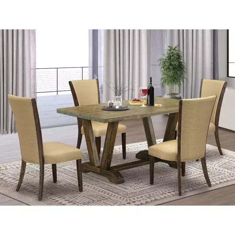Table de salle à manger HomeStock 5 pièces en bois massif finition jacobine vieillie avec 4 chaises rembourrées