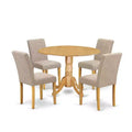 HomeStock 5-Piece Round Natural Oak Finish Solid Wood Top Dining Table with 4 Parson Chair with Drop Leaf