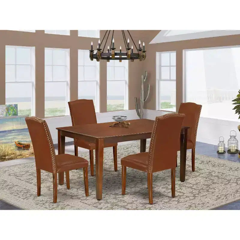 Ensemble de salle à manger Tuscan - Table rectangulaire et 4 chaises - Simili cuir marron - Table 60 pouces - En stock