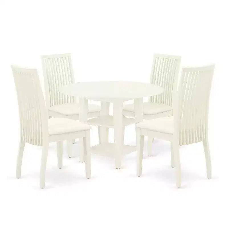 5-Piece Linen White Finish Solid Wood Top - Round Dining Room Set - Seats 4