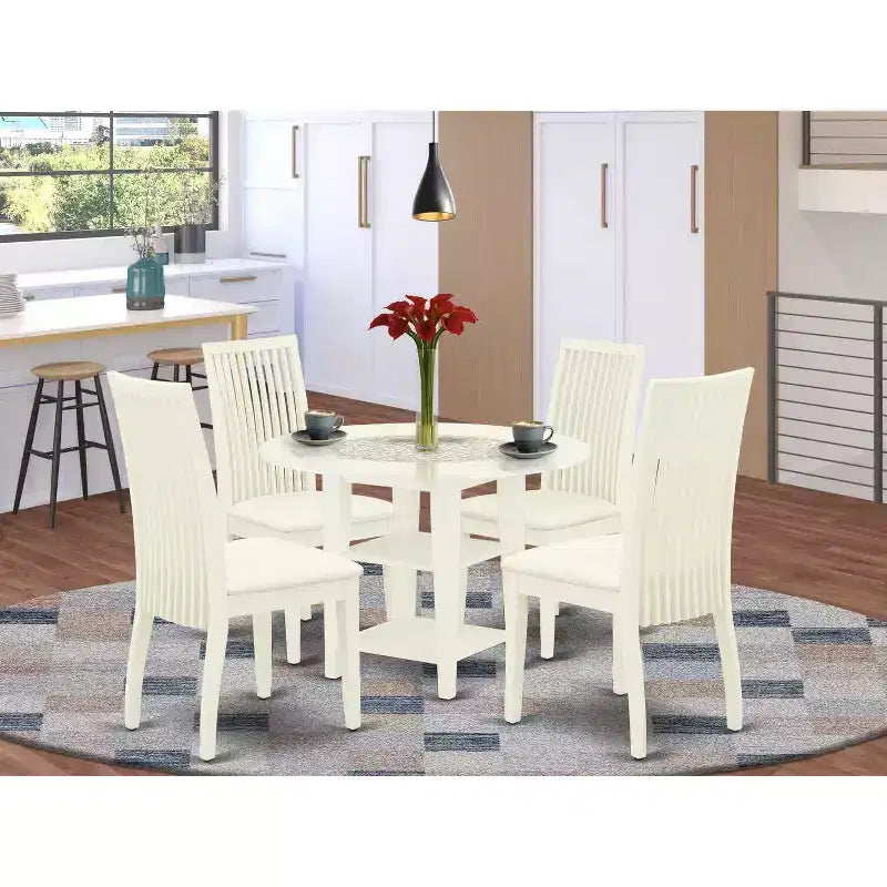 Ensemble de salle à manger rond 5 pièces en bois massif finition blanc lin – Pour 4 personnes