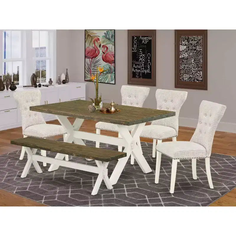 HomeStock Table à manger 6 pièces rectangulaire en bois massif finition jacobine vieillie avec 1 banc et 4 chaises