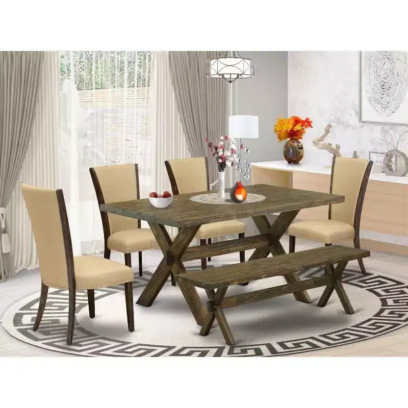 HomeStock Table de salle à manger rectangulaire 6 pièces en bois massif finition jacobéen vieilli avec 1 banc et 4 chaises