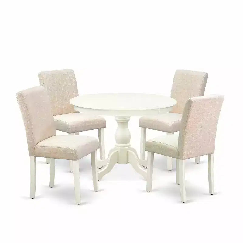 HomeStock 5-Pc Linen White Finish Solid Wood Top Dining table with 4 Chairs