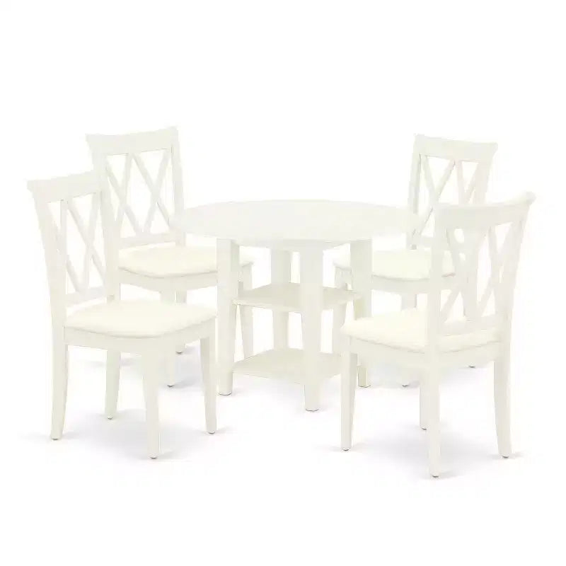 HomeStock 5-Pc Linen White Finish Solid Wood Top-Round Dining Room Set with Dropleaf-Seats 4