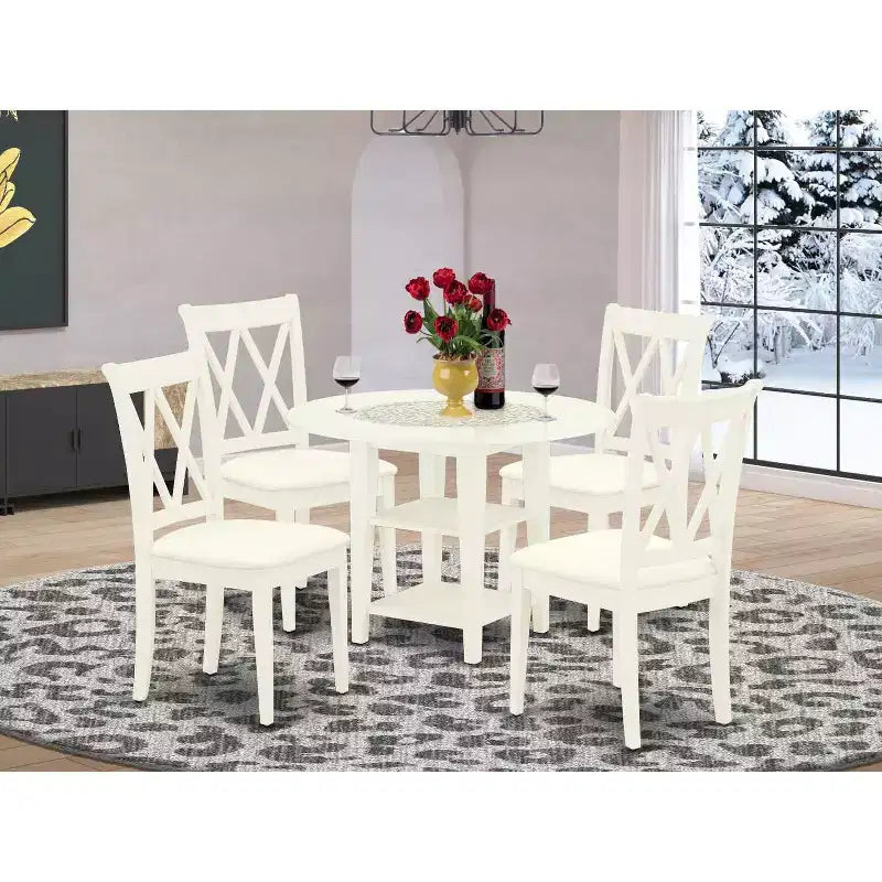 Ensemble de salle à manger HomeStock 5 pièces en bois massif finition blanc lin avec plateau rond et rallonges – 4 places