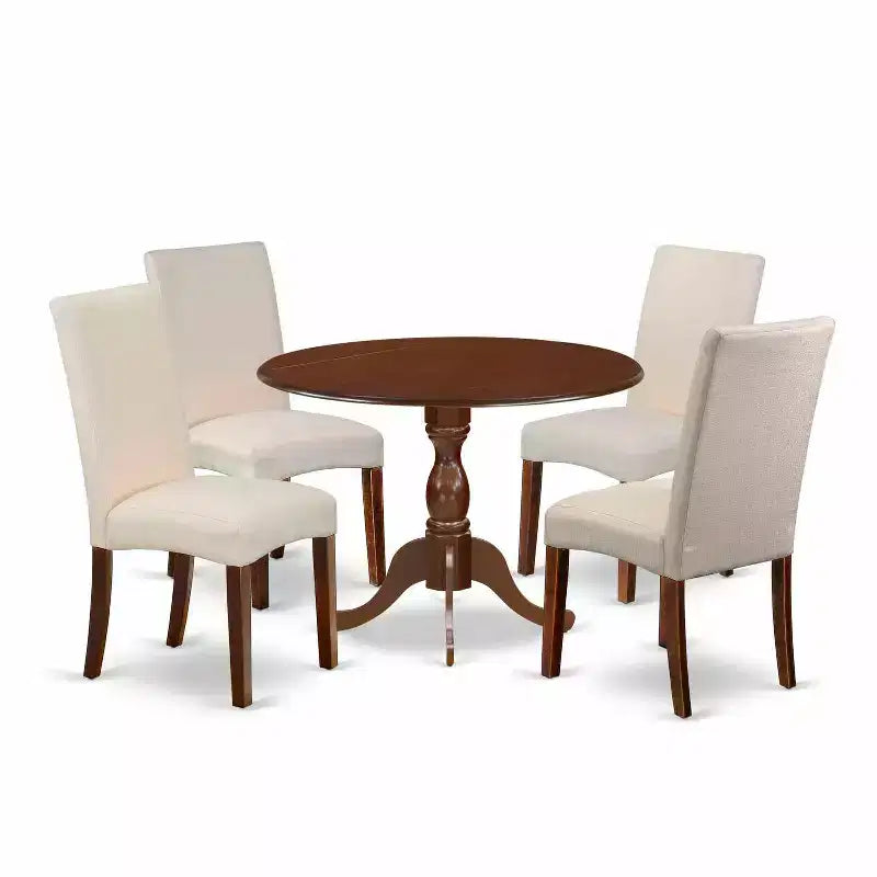 5-Piece Mahogany Finish Solid Wood Top Dining table with 4 Chairs with Drop Leaf