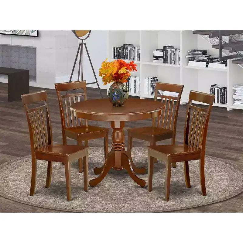 Table à manger HomeStock ronde 5 pièces en bois massif finition acajou avec 4 chaises