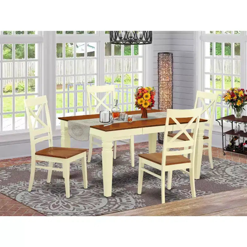 Ensemble table à manger 5 pièces HomeStock en bois massif finition cerisier et crème avec 4 chaises