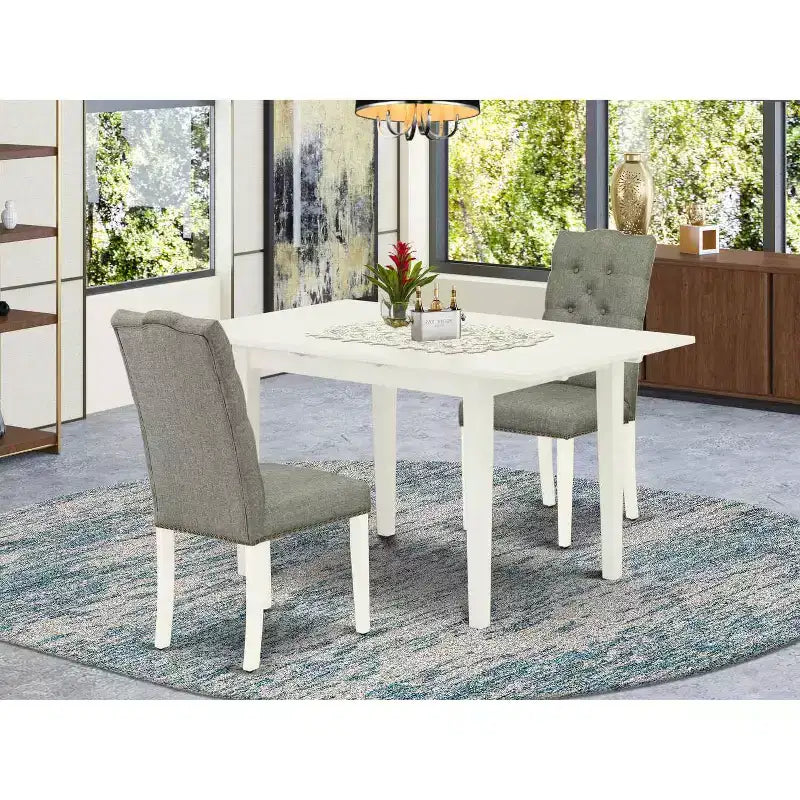 Ensemble de salle à manger 3 pièces HomeStock avec plateau rectangulaire en bois massif, finition blanc lin et rallonge papillon