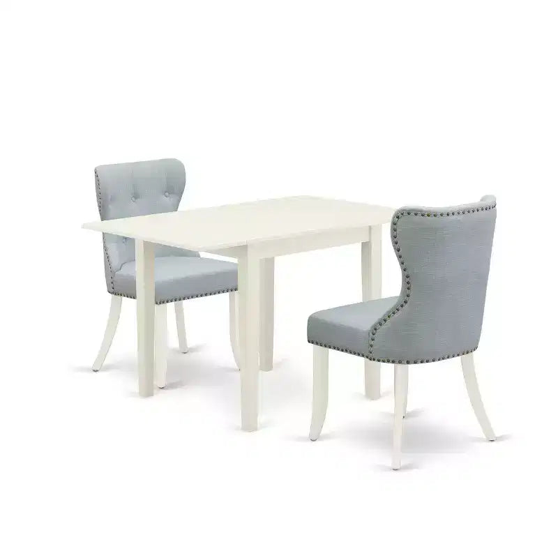 HomeStock 3-Pc Linen White Finish Rectangular Solid Wood Top with Dropleaf Dining Table Set