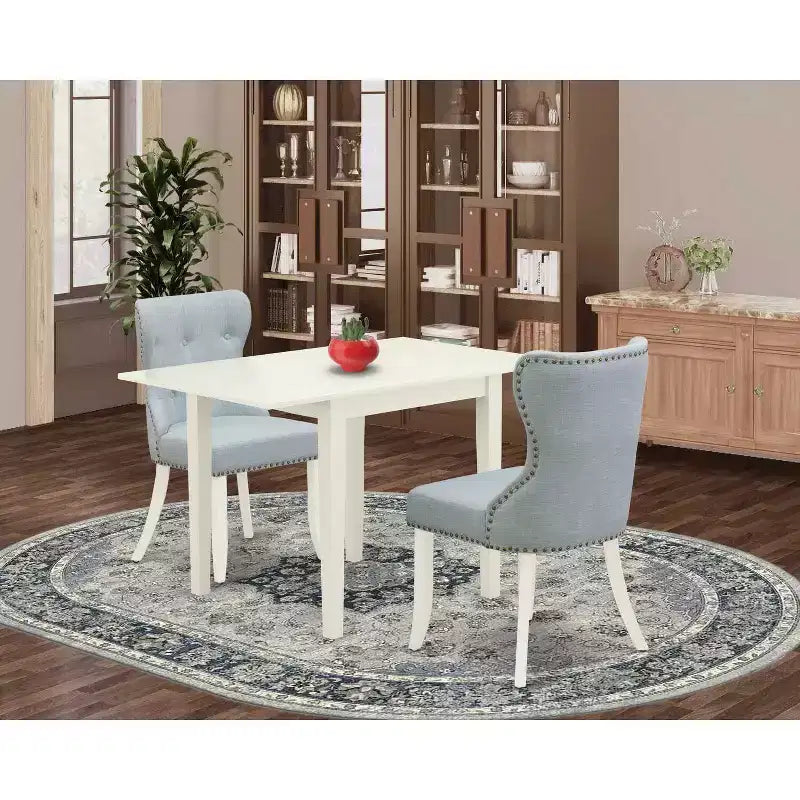 Ensemble de salle à manger 3 pièces HomeStock, dessus rectangulaire en bois massif à rallonges, finition blanc lin