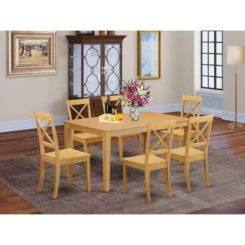 Table à manger HomeStock 7 pièces en bois massif finition chêne naturel avec 6 chaises
