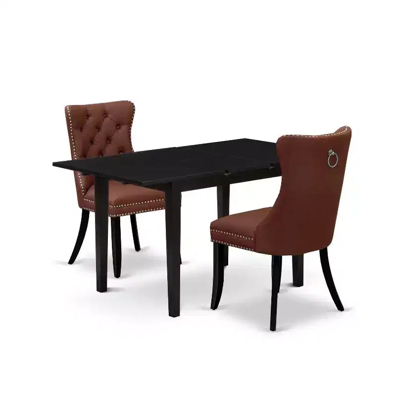 HomeStock 3-Pc Black Finish Rectangular Solid Wood Top with Butterfly Leaf Dining Table Set