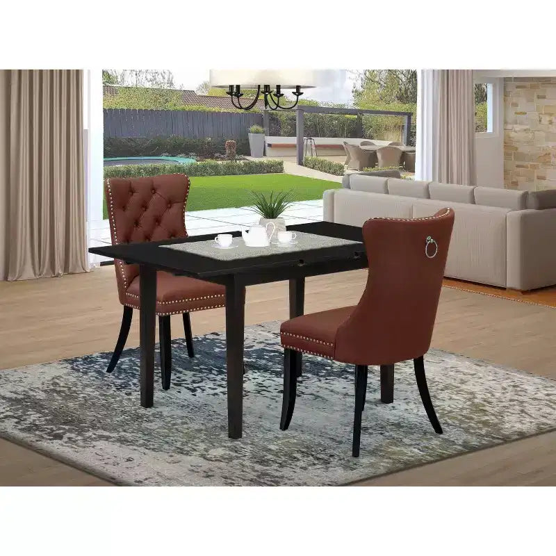 Ensemble de salle à manger 3 pièces HomeStock, plateau rectangulaire en bois massif, finition noire, avec rallonge papillon