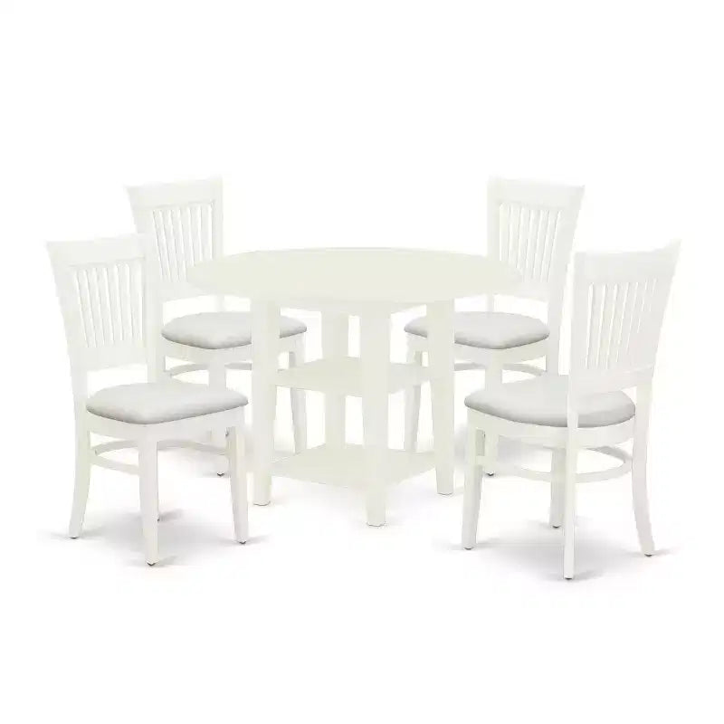 5-Piece Linen White Finish Solid Wood Top - Round Dining Room Set Seats-4