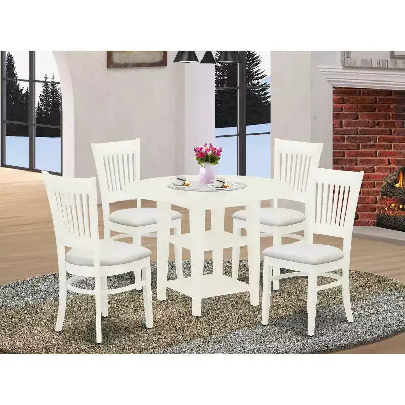 Ensemble de salle à manger rond 5 pièces, fini blanc lin, dessus en bois massif, 4 places