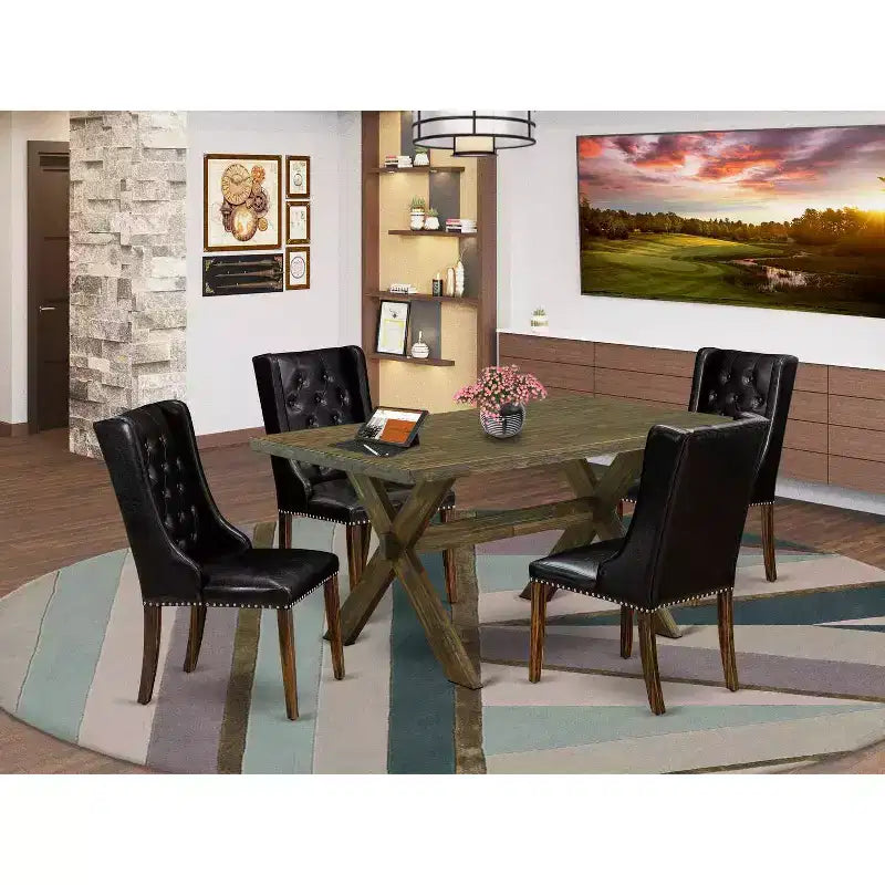 Table de salle à manger HomeStock 5 pièces rectangulaire en bois massif finition jacobine vieillie avec 4 chaises rembourrées