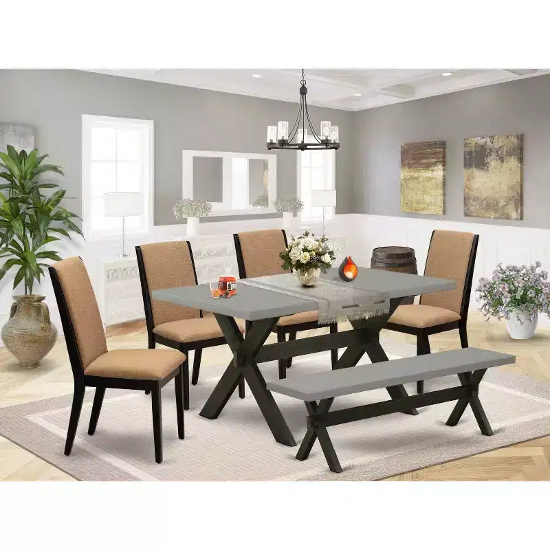 HomeStock Table à manger en bois massif finition chêne naturel 6 pièces avec 1 banc et 4 chaises