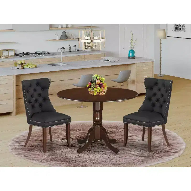 Ensemble de salle à manger 3 pièces en bois massif finition acajou, table ronde et chaises rembourrées – 4 places
