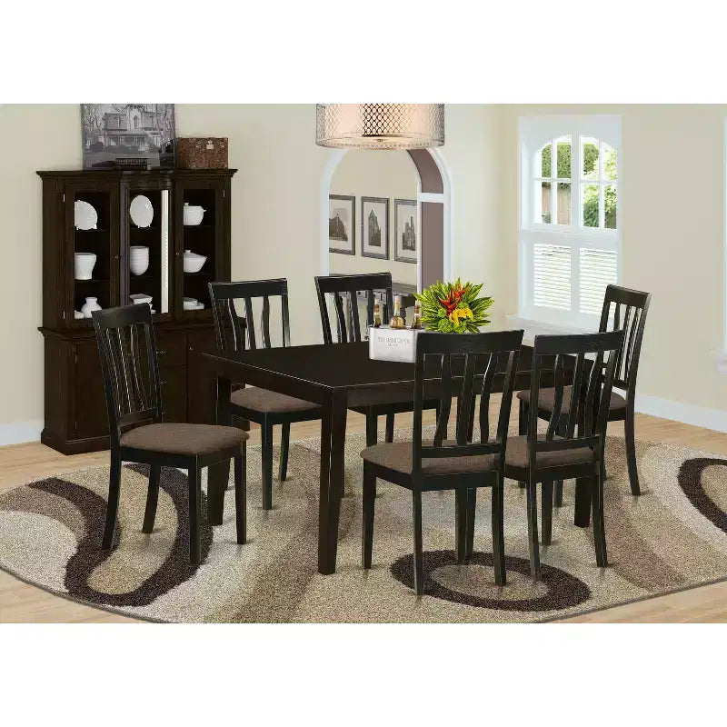 Ensemble de salle à manger 7 pièces - Table de cuisine rectangulaire et 6 chaises en lin - Fini cappuccino
