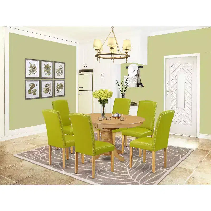 Ensemble de salle à manger 7 pièces, table ovale avec rallonge et 6 chaises - Style toscan - Cuir PU vert - 42-60