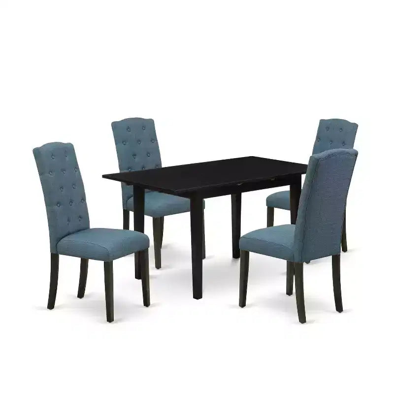 HomeStock 5-Pc Black Solid Wood Top - Rectangular Button Tufted Upholstered Dining Room Set with Butterfly Leaf - Seats 4