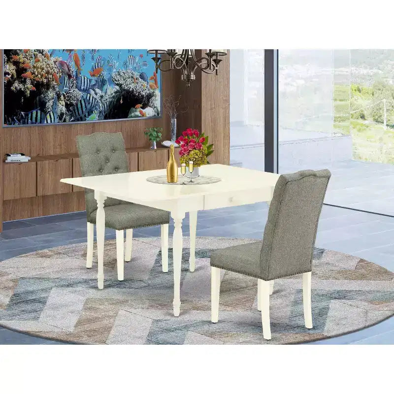 Ensemble de salle à manger 3 pièces HomeStock, plateau rectangulaire en bois massif, finition blanc lin, avec table à rabats