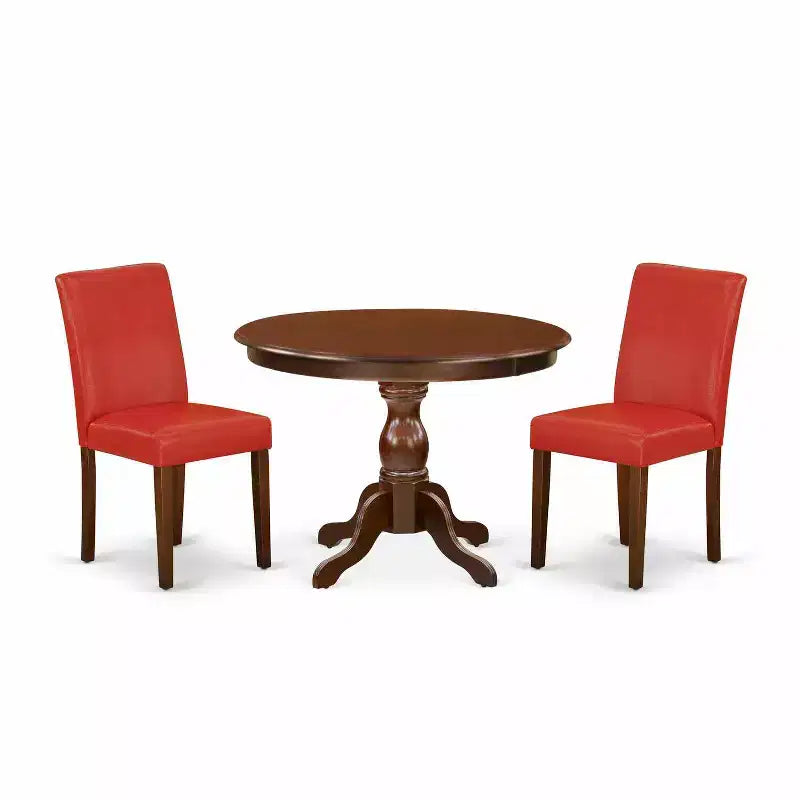 3-Piece Mahogany Finish Solid Wood Top-Dining Room Set with High Back-Seats 4