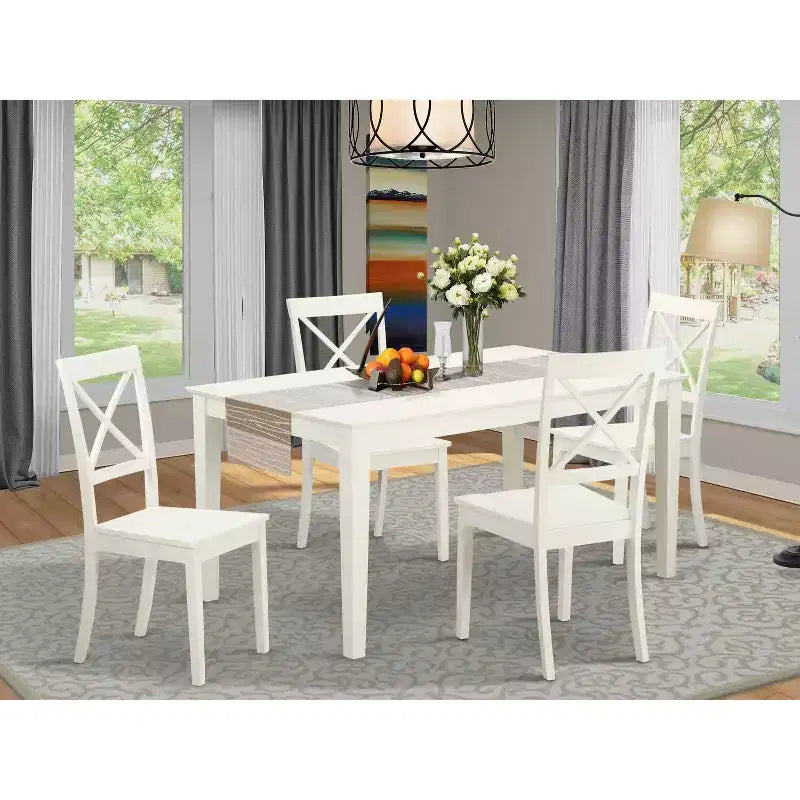 HomeStock Table de salle à manger 5 pièces avec dessus en bois massif, fini blanc lin, avec 4 chaises