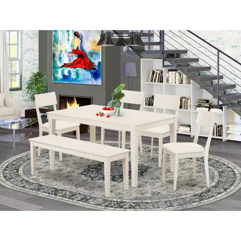Ensemble de salle à manger scandinave - Table de salle à manger 6 pièces avec banc et chaises - Style ferme blanc lin