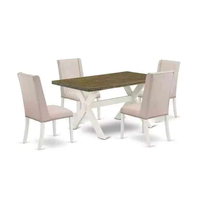 HomeStock 5-Piece Distressed Jacobean Finish Solid Wood Top Dining Table with 4 Parson Chair
